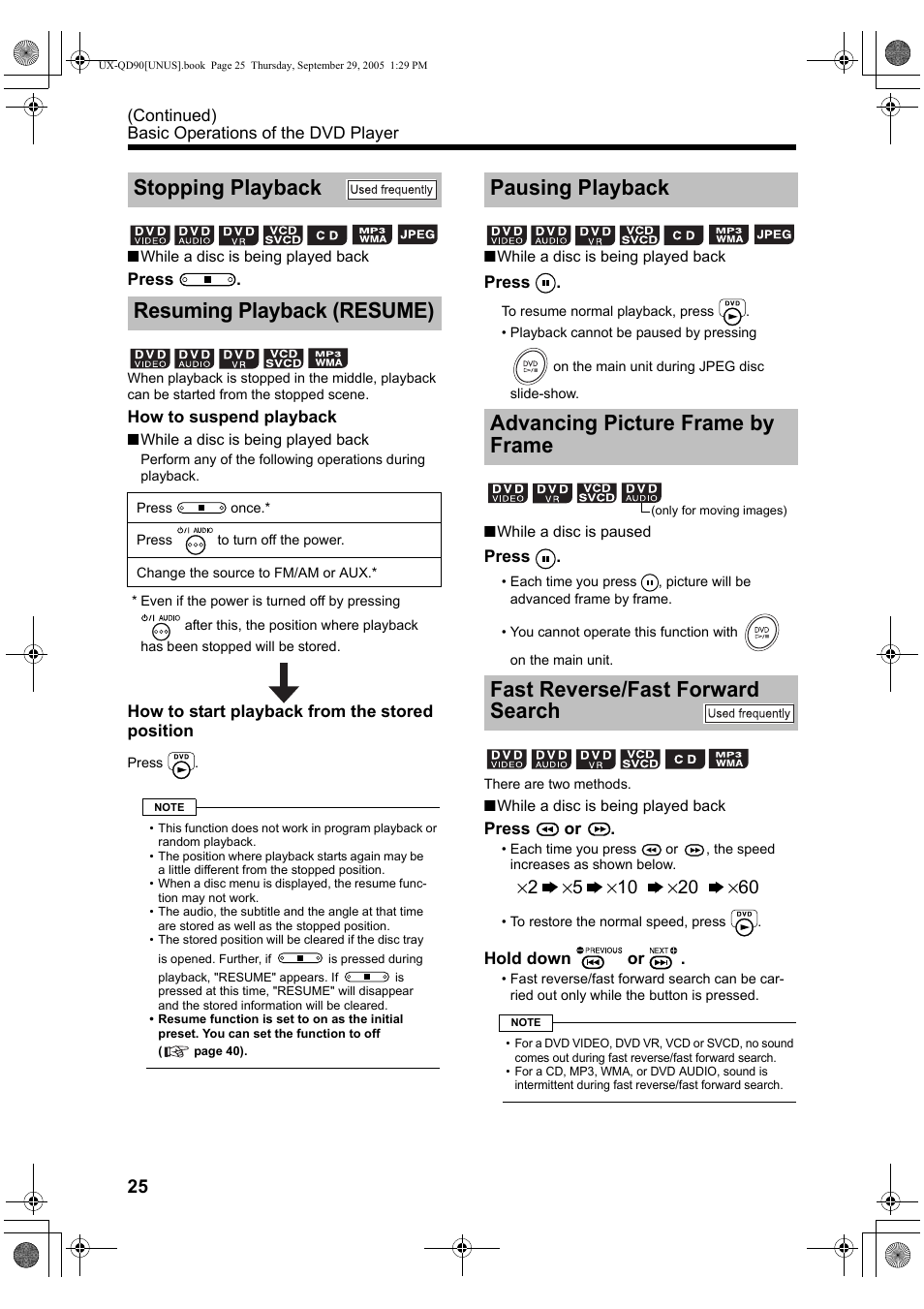 Stopping playback, Resuming playback (resume), Pausing playback | Advancing picture frame by frame, Fast reverse/fast forward search, Stopping playback resuming playback (resume) | JVC UXQD90S User Manual | Page 28 / 116