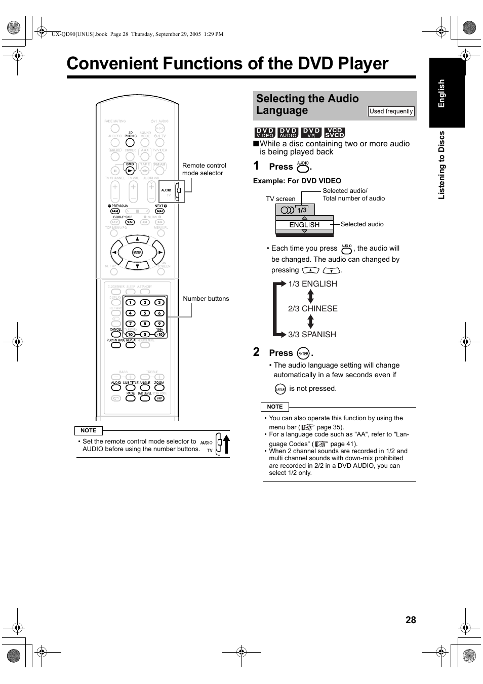 Convenient functions of the dvd player, Selecting the audio language | JVC UXQD90S User Manual | Page 31 / 116