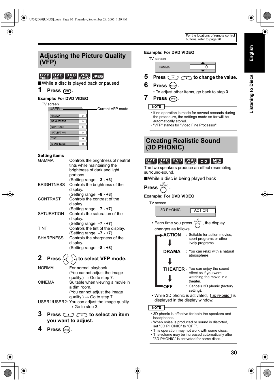 Adjusting the picture quality (vfp), Creating realistic sound (3d phonic) | JVC UXQD90S User Manual | Page 33 / 116