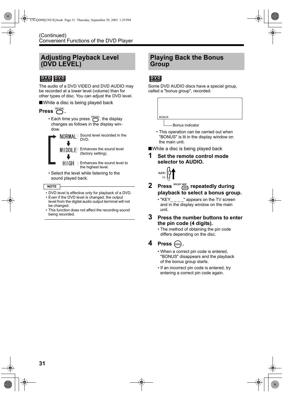 Adjusting playback level (dvd level), Playing back the bonus group | JVC UXQD90S User Manual | Page 34 / 116