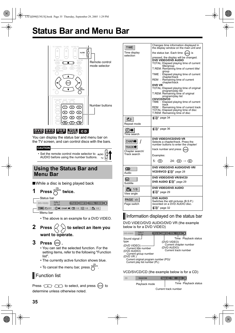 Status bar and menu bar, Using the status bar and menu bar, Function list | Information displayed on the status bar, Press twice, Press | JVC UXQD90S User Manual | Page 38 / 116