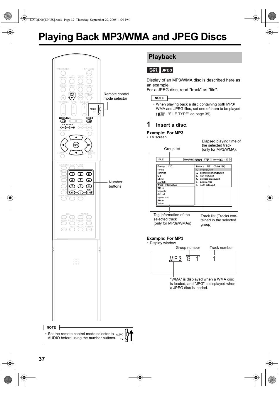 Playing back mp3/wma and jpeg discs, Playback | JVC UXQD90S User Manual | Page 40 / 116
