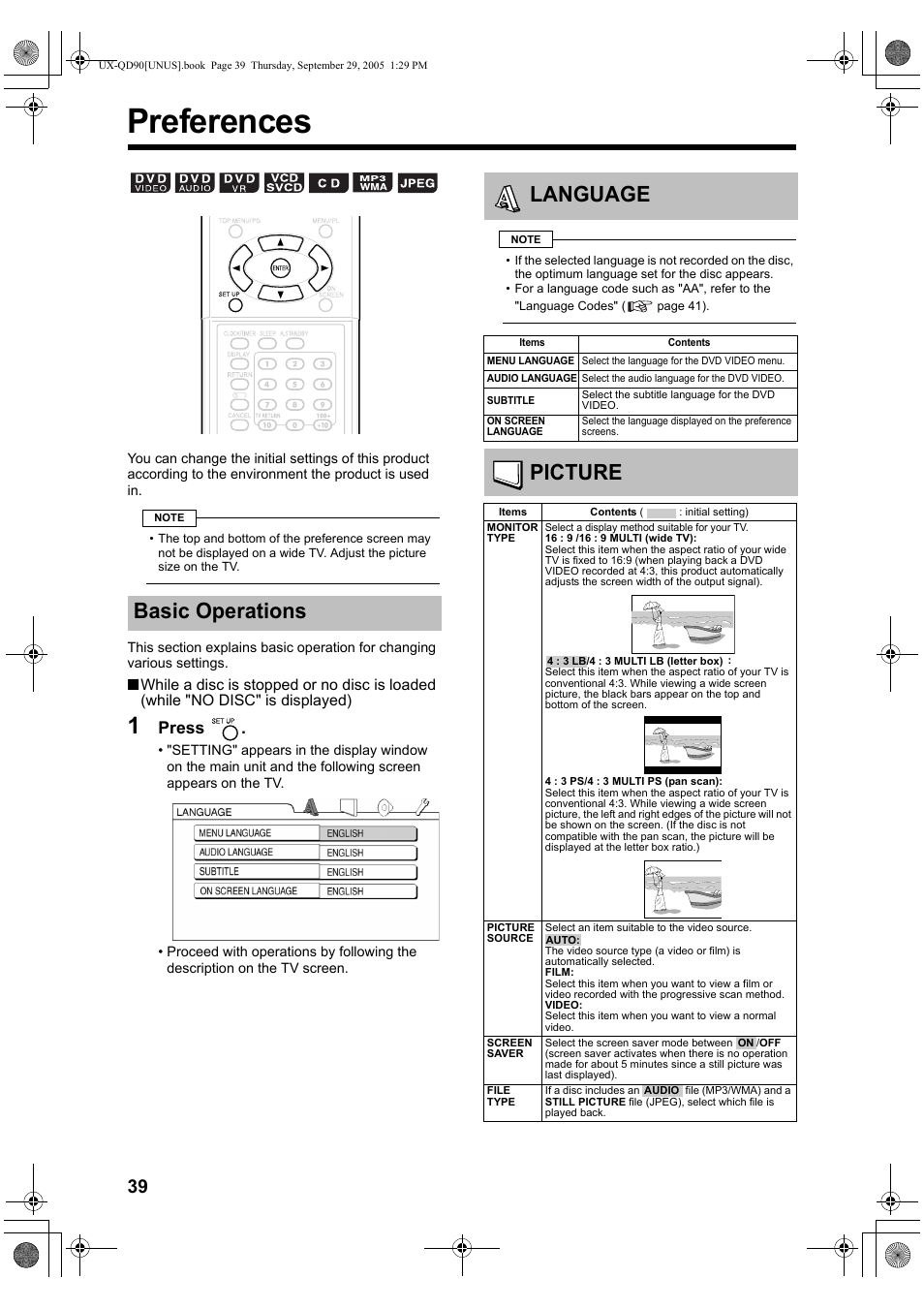 Preferences, Basic operations, Language | Picture, Basic operations language, Press | JVC UXQD90S User Manual | Page 42 / 116