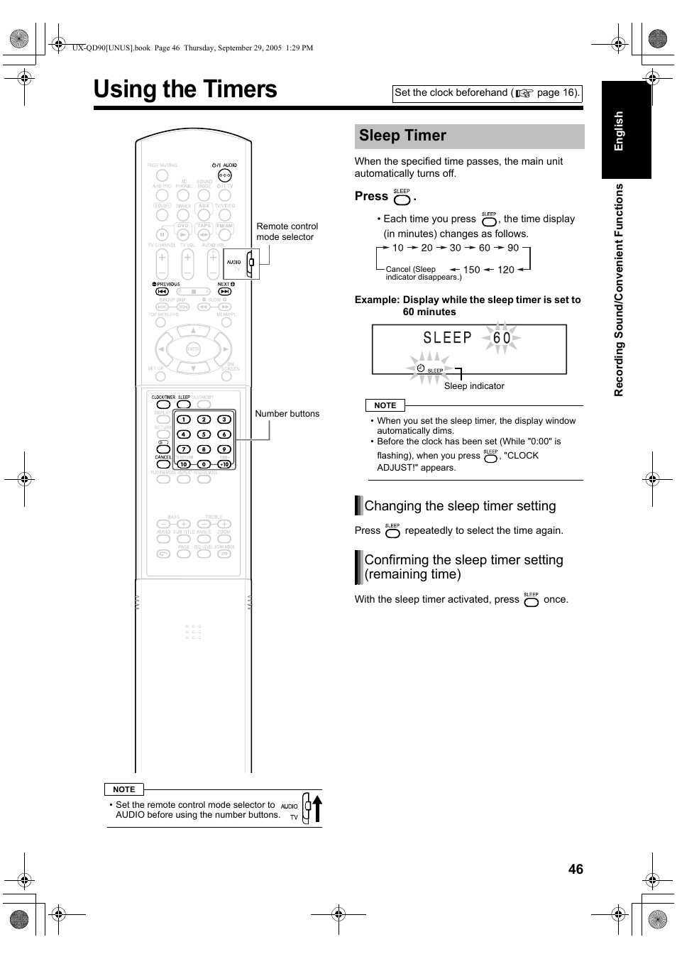 Convenient functions, Using the timers, Sleep timer | JVC UXQD90S User Manual | Page 49 / 116