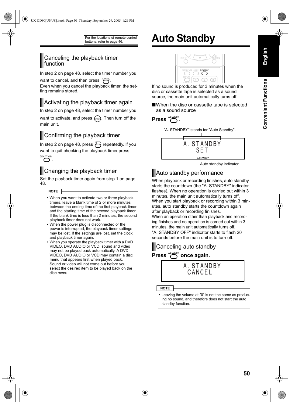 Auto standby, Auto standby performance canceling auto standby | JVC UXQD90S User Manual | Page 53 / 116