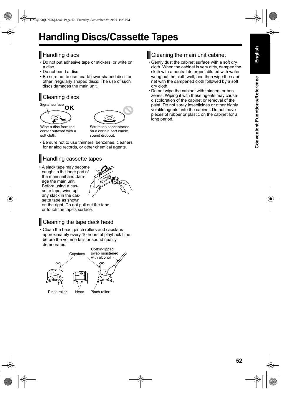 Reference, Handling discs/cassette tapes, Handling discs cleaning discs | Handling cassette tapes, Cleaning the tape deck head, Cleaning the main unit cabinet | JVC UXQD90S User Manual | Page 55 / 116