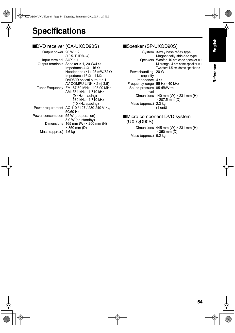 Specifications, Dvd receiver (ca-uxqd90s), Speaker (sp-uxqd90s) | Micro component dvd system (ux-qd90s) | JVC UXQD90S User Manual | Page 57 / 116