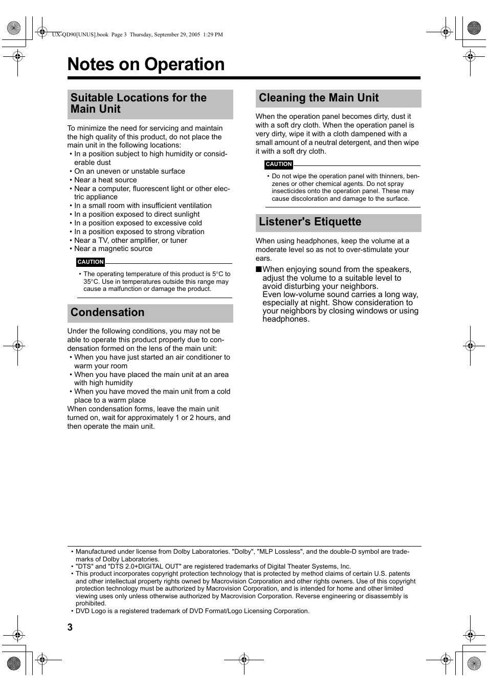 Notes on operation, Suitable locations for the main unit, Condensation | Cleaning the main unit, Listener's etiquette, Suitable locations for the main unit condensation, Cleaning the main unit listener's etiquette | JVC UXQD90S User Manual | Page 6 / 116