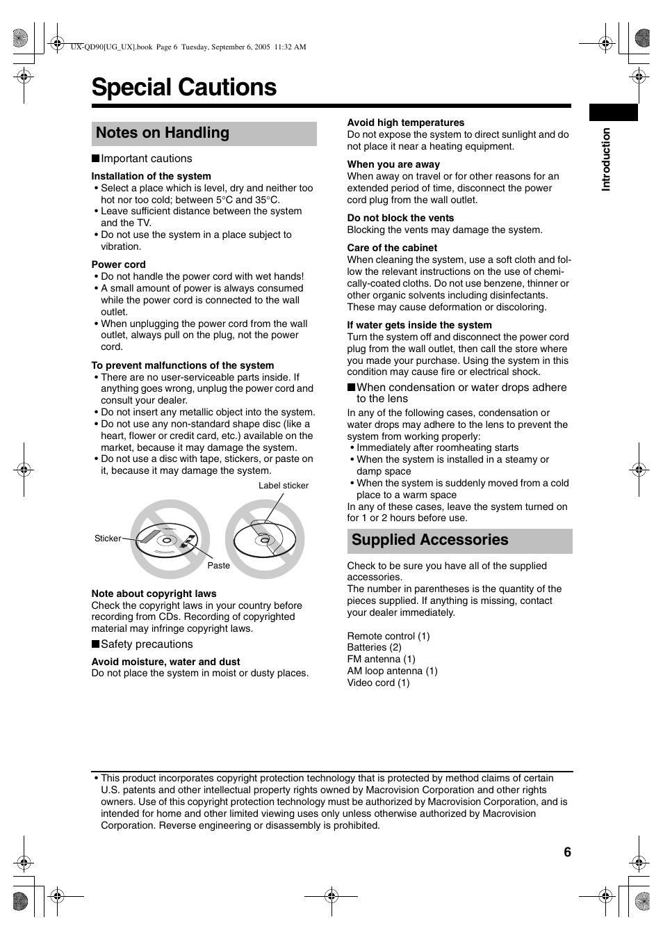 Special cautions, Notes on handling, Supplied accessories | JVC UXQD90S User Manual | Page 67 / 116