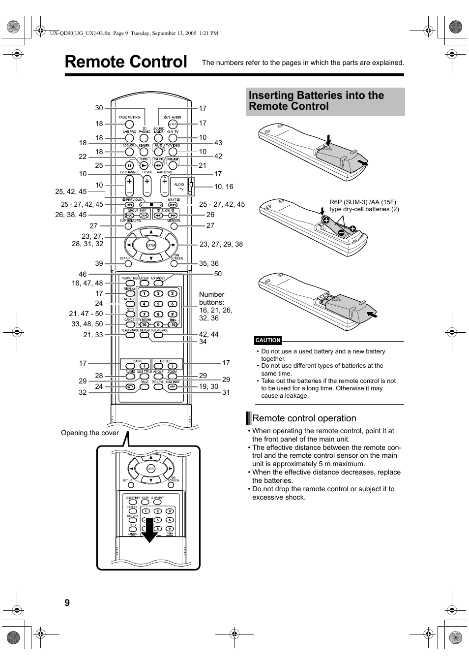 Remote control, Inserting batteries into the remote control, Remote control operation | JVC UXQD90S User Manual | Page 70 / 116