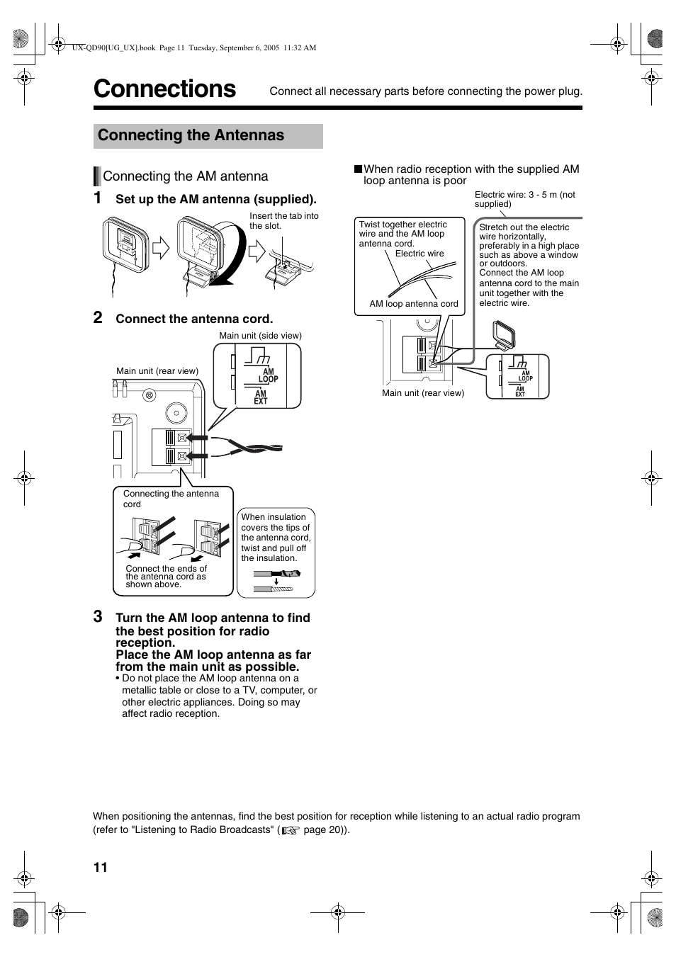 Connections, Connecting the antennas, Connecting the am antenna | JVC UXQD90S User Manual | Page 72 / 116