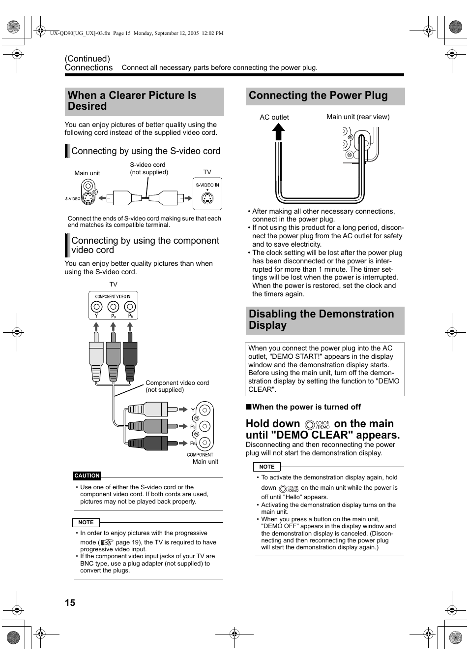 When a clearer picture is desired, Connecting the power plug, Disabling the demonstration display | Hold down on the main until "demo clear" appears, Connecting by using the s-video cord, Connecting by using the component video cord | JVC UXQD90S User Manual | Page 76 / 116