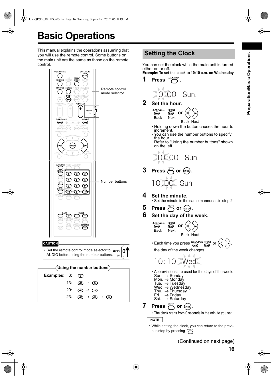 Basic operations, Setting the clock | JVC UXQD90S User Manual | Page 77 / 116