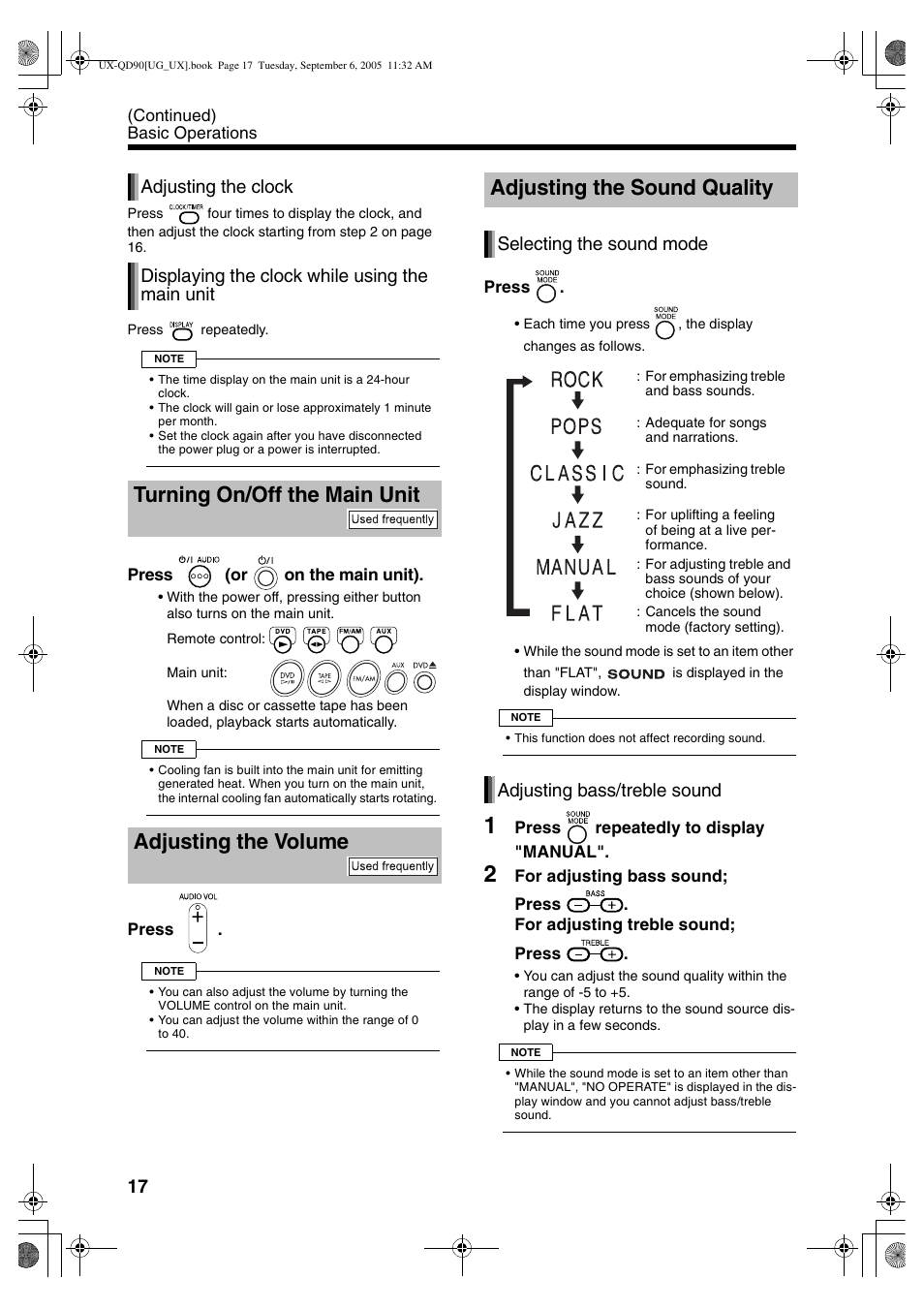Turning on/off the main unit, Adjusting the volume, Adjusting the sound quality | Turning on/off the main unit adjusting the volume, Selecting the sound mode, Adjusting bass/treble sound | JVC UXQD90S User Manual | Page 78 / 116