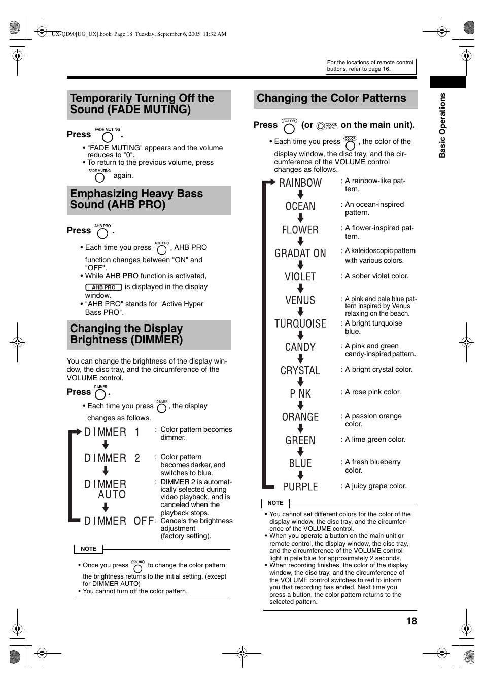 Temporarily turning off the sound (fade muting), Emphasizing heavy bass sound (ahb pro), Changing the display brightness (dimmer) | Changing the color patterns | JVC UXQD90S User Manual | Page 79 / 116