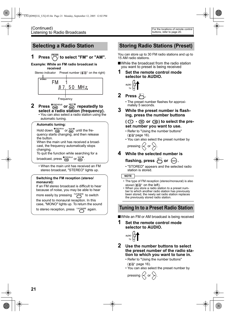 Selecting a radio station, Storing radio stations (preset), Tuning in to a preset radio station | JVC UXQD90S User Manual | Page 82 / 116