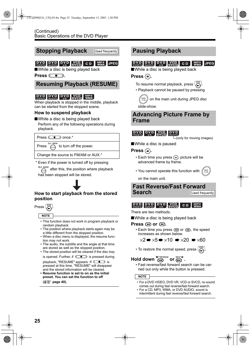 Stopping playback, Resuming playback (resume), Pausing playback | Advancing picture frame by frame, Fast reverse/fast forward search, Stopping playback resuming playback (resume) | JVC UXQD90S User Manual | Page 86 / 116