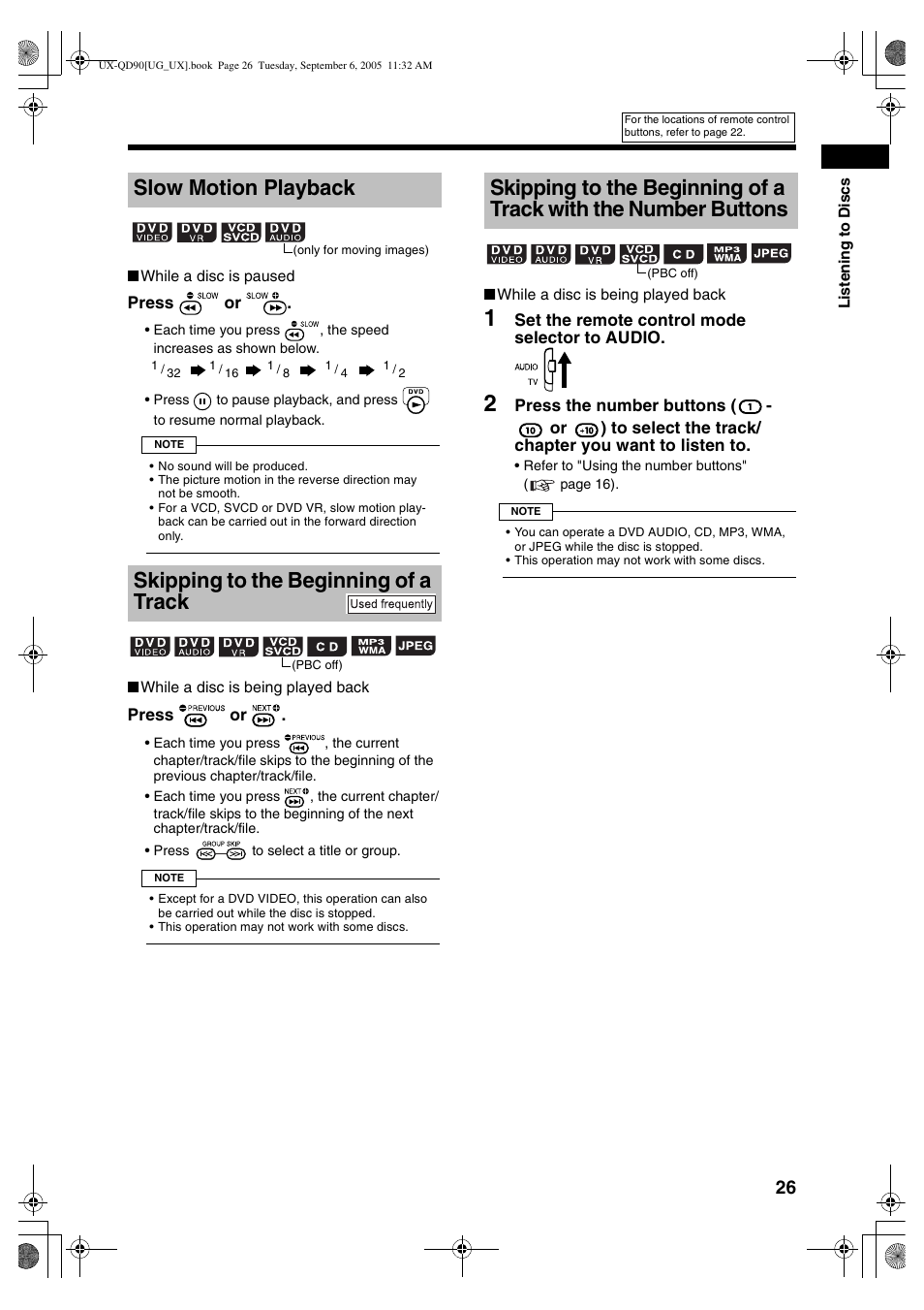 Slow motion playback, Skipping to the beginning of a track | JVC UXQD90S User Manual | Page 87 / 116