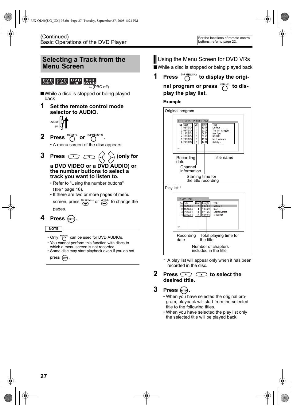 Selecting a track from the menu screen | JVC UXQD90S User Manual | Page 88 / 116