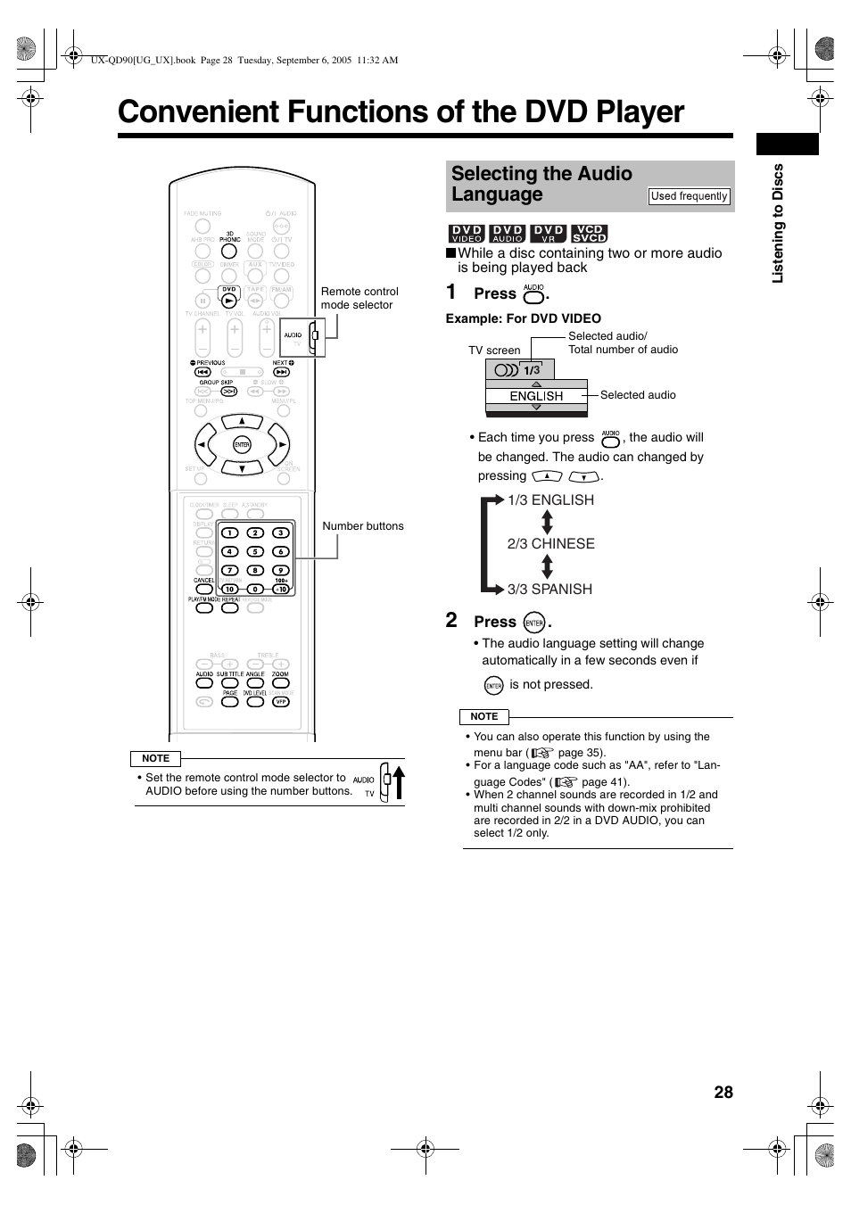 Convenient functions of the dvd player, Selecting the audio language | JVC UXQD90S User Manual | Page 89 / 116