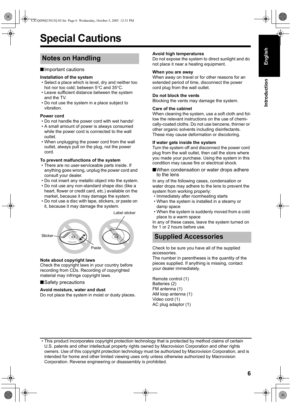 Special cautions, Notes on handling, Supplied accessories | JVC UXQD90S User Manual | Page 9 / 116
