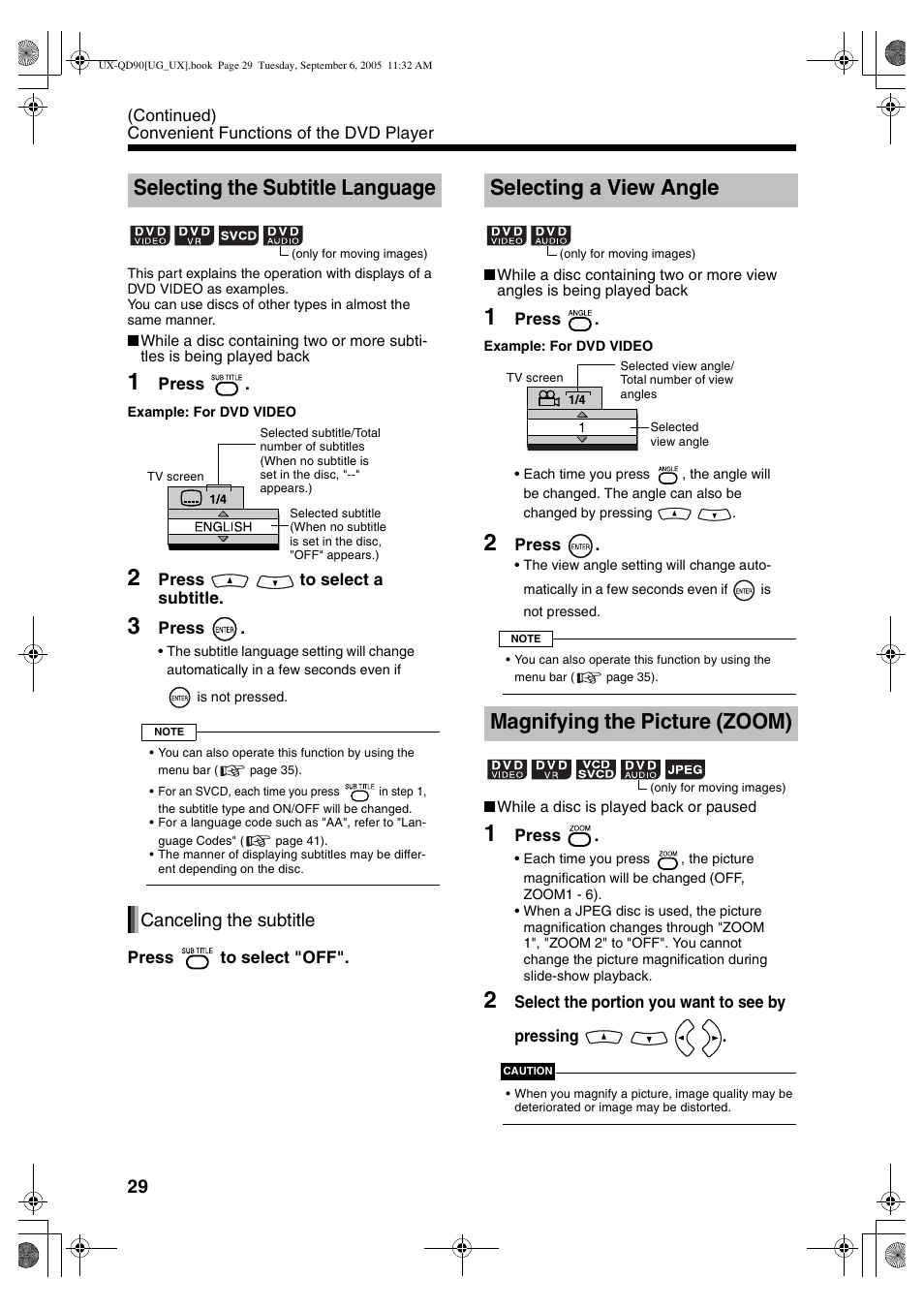Selecting the subtitle language, Selecting a view angle, Magnifying the picture (zoom) | Canceling the subtitle | JVC UXQD90S User Manual | Page 90 / 116
