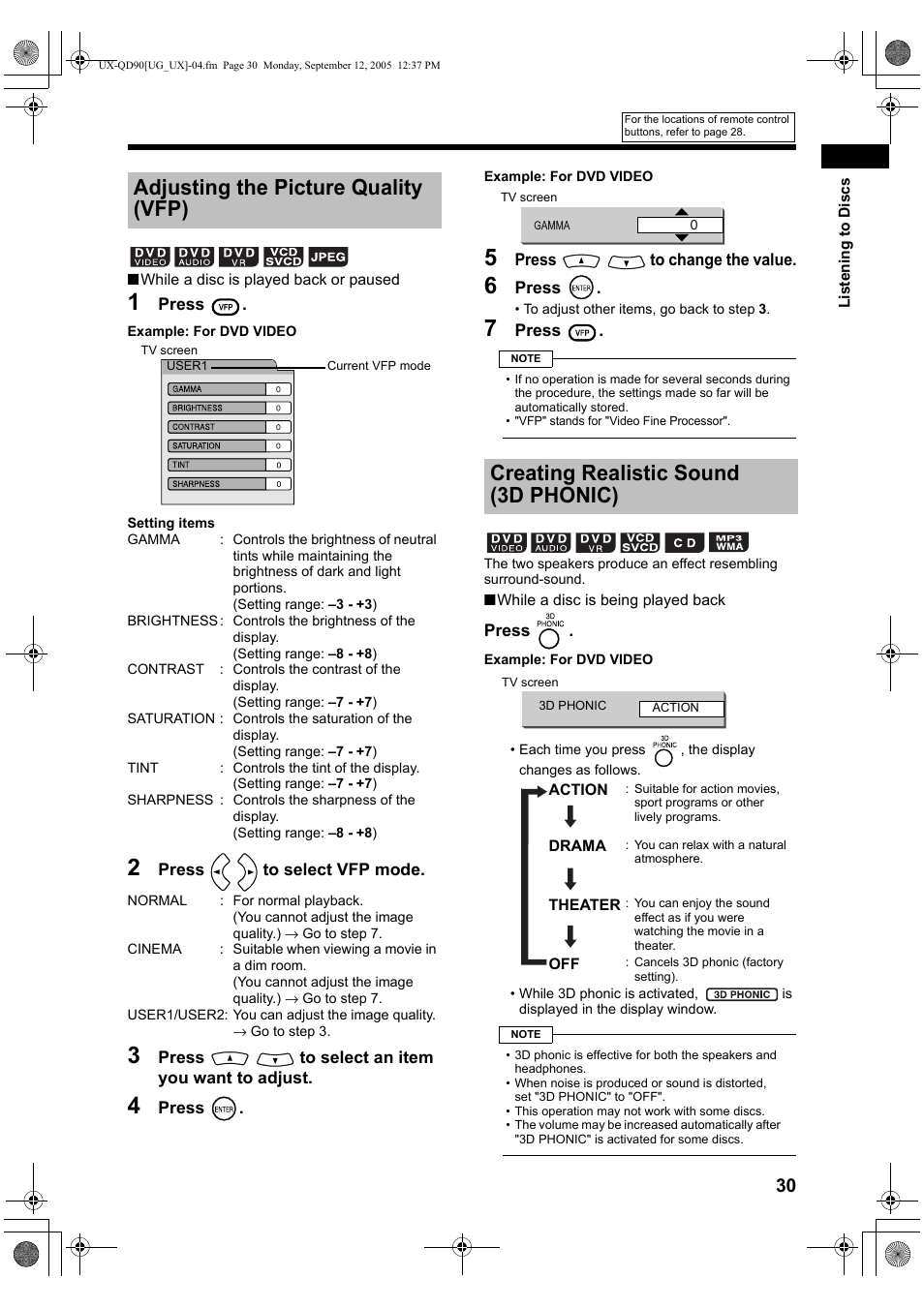 Adjusting the picture quality (vfp), Creating realistic sound (3d phonic) | JVC UXQD90S User Manual | Page 91 / 116