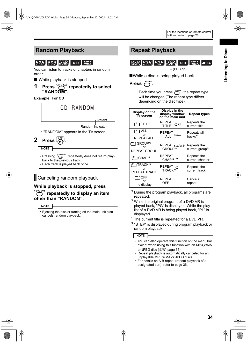 Random playback, Repeat playback, Canceling random playback | Press repeatedly to select "random, Press | JVC UXQD90S User Manual | Page 95 / 116