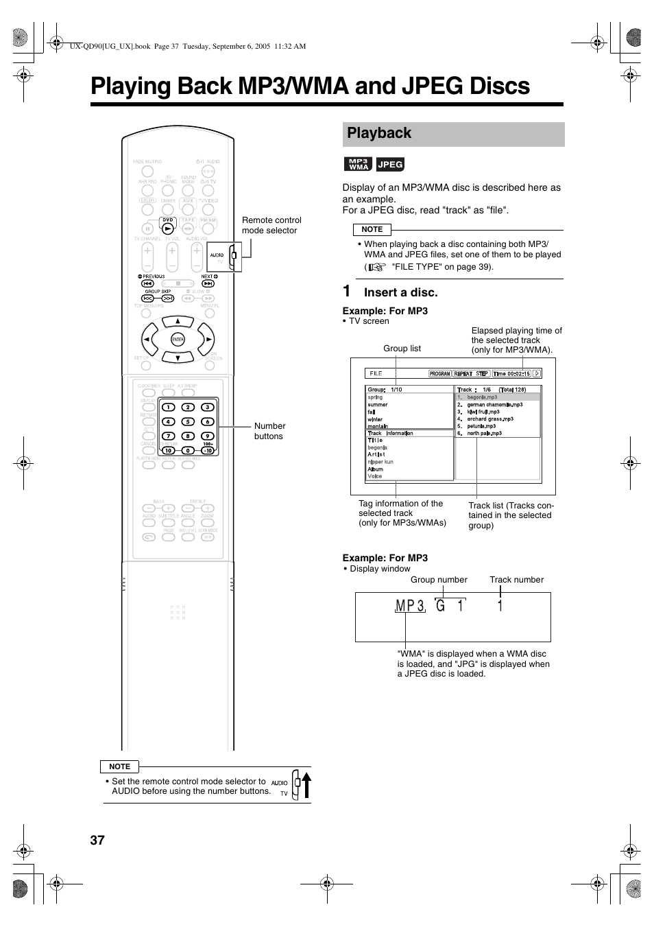Playing back mp3/wma and jpeg discs, Playback | JVC UXQD90S User Manual | Page 98 / 116