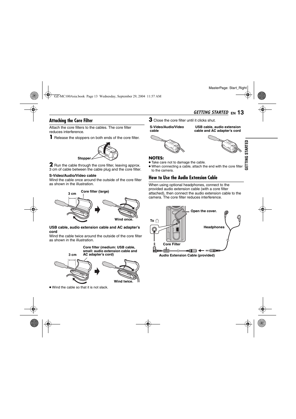 Attaching the core filter, How to use the audio extension cable, Pg. 13) | E 13 | JVC Everio GZ-MC100 User Manual | Page 13 / 44