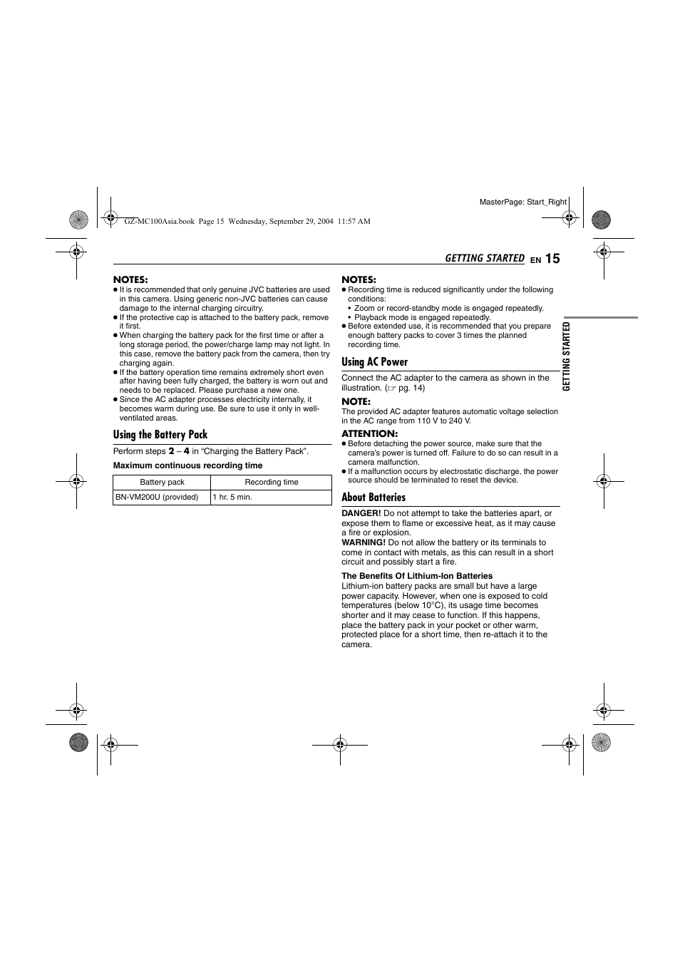 Using the battery pack, Using ac power, About batteries | JVC Everio GZ-MC100 User Manual | Page 15 / 44