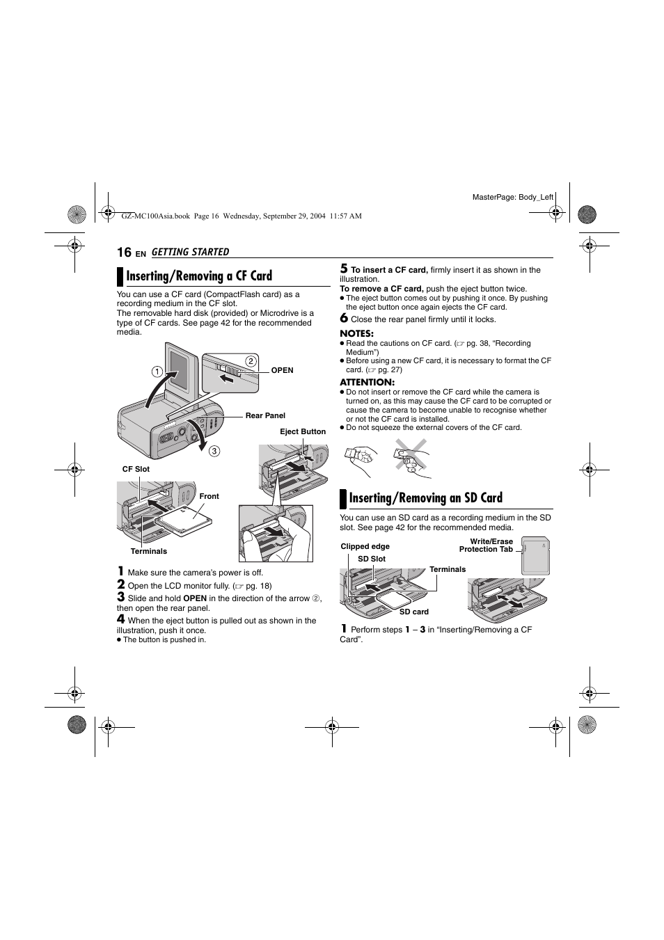 Inserting/removing a cf card, Inserting/removing an sd card, Pg. 16) | JVC Everio GZ-MC100 User Manual | Page 16 / 44