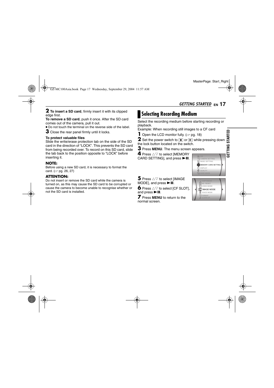 Selecting recording medium, Pg. 17, Pg. 17, 27 | Getting started | JVC Everio GZ-MC100 User Manual | Page 17 / 44