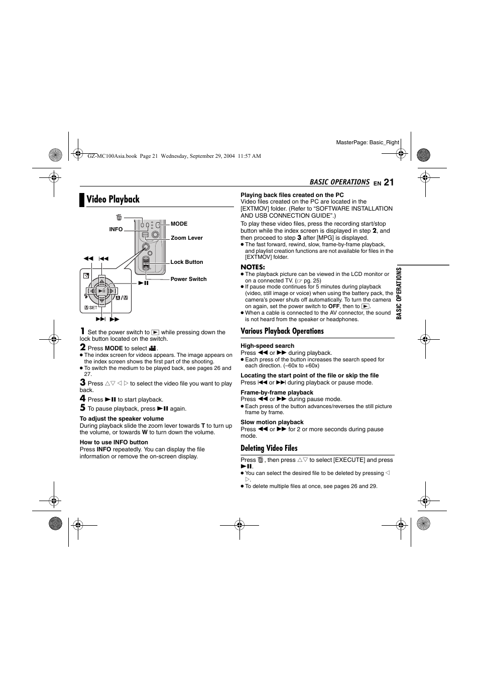 Video playback, Various playback operations, Deleting video files | Pg. 21, 2, Pg. 21), Playing back files created on the pc | JVC Everio GZ-MC100 User Manual | Page 21 / 44