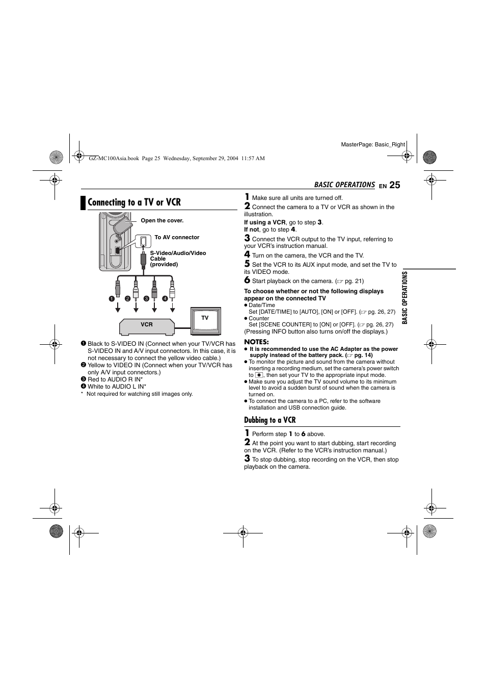 Connecting to a tv or vcr, Dubbing to a vcr, Pg. 25) | JVC Everio GZ-MC100 User Manual | Page 25 / 44