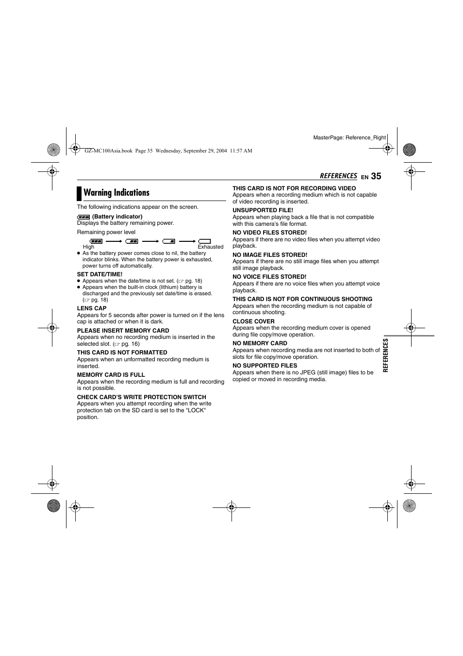 Warning indications | JVC Everio GZ-MC100 User Manual | Page 35 / 44