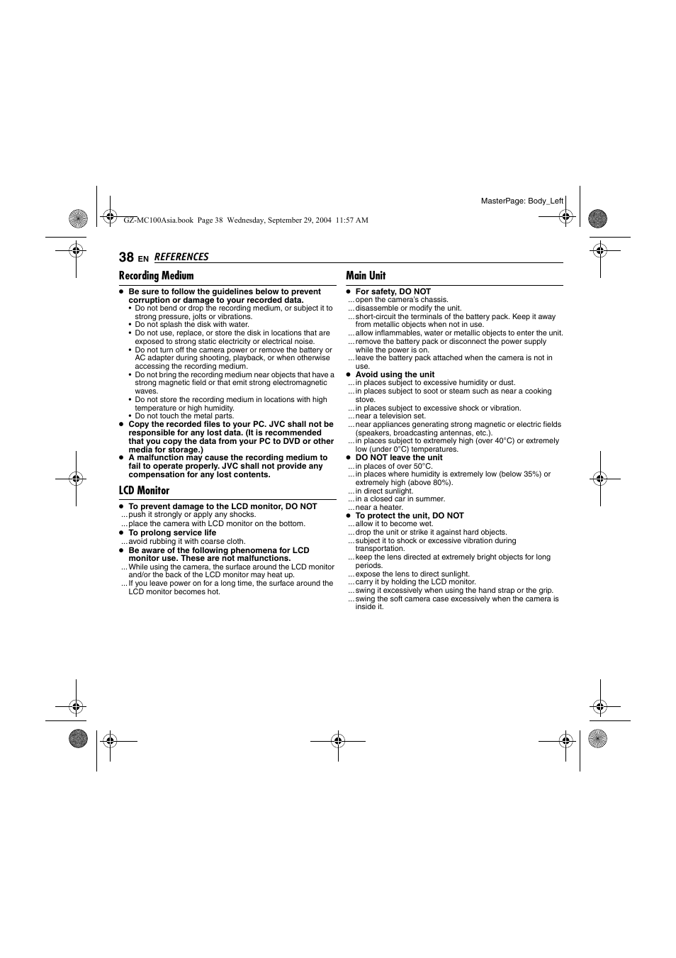 Recording medium, Lcd monitor, Main unit | Ad “recording medium, Pg. 38, “recording, Medium”), References | JVC Everio GZ-MC100 User Manual | Page 38 / 44