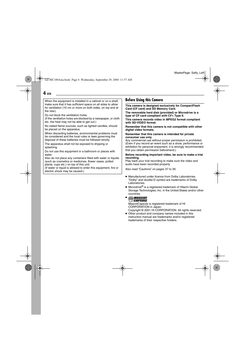 Before using this camera | JVC Everio GZ-MC100 User Manual | Page 4 / 44