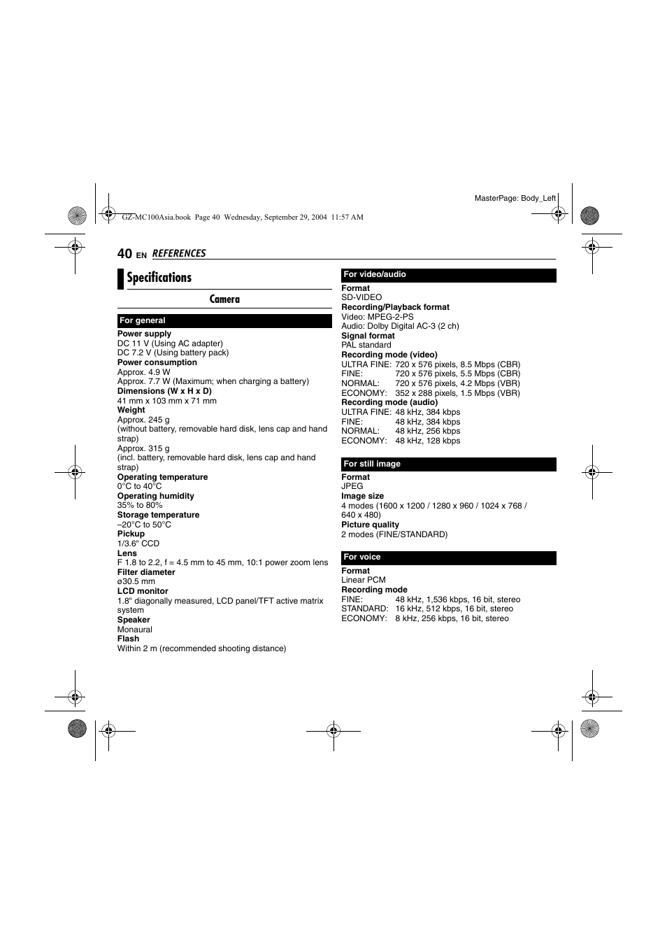 Specifications, Camera | JVC Everio GZ-MC100 User Manual | Page 40 / 44