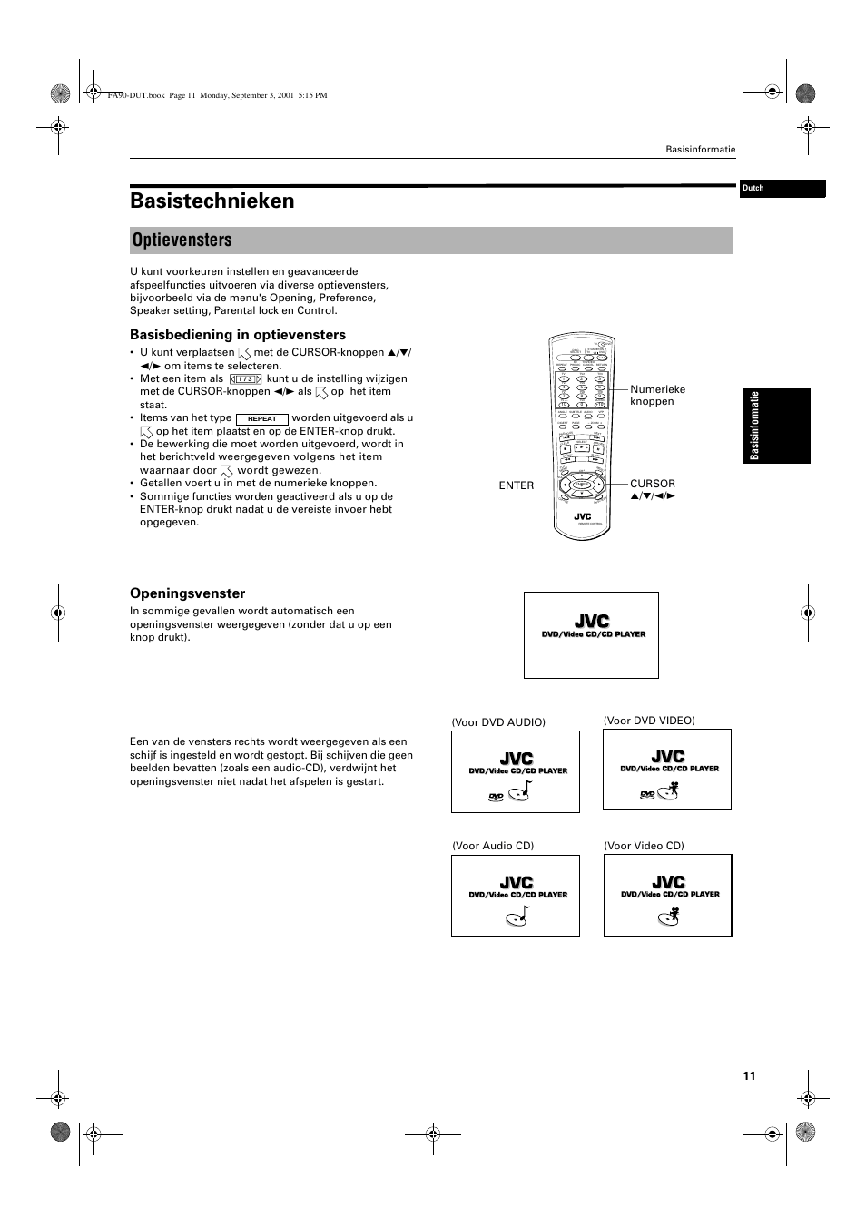 Basistechnieken, Optievensters, Basisbediening in optievensters | Openingsvenster, Ba si si nf o rm a ti e, Enter numerieke knoppen cursor 5/∞/2/3, Basisinformatie | JVC XV-FA90BK User Manual | Page 13 / 40