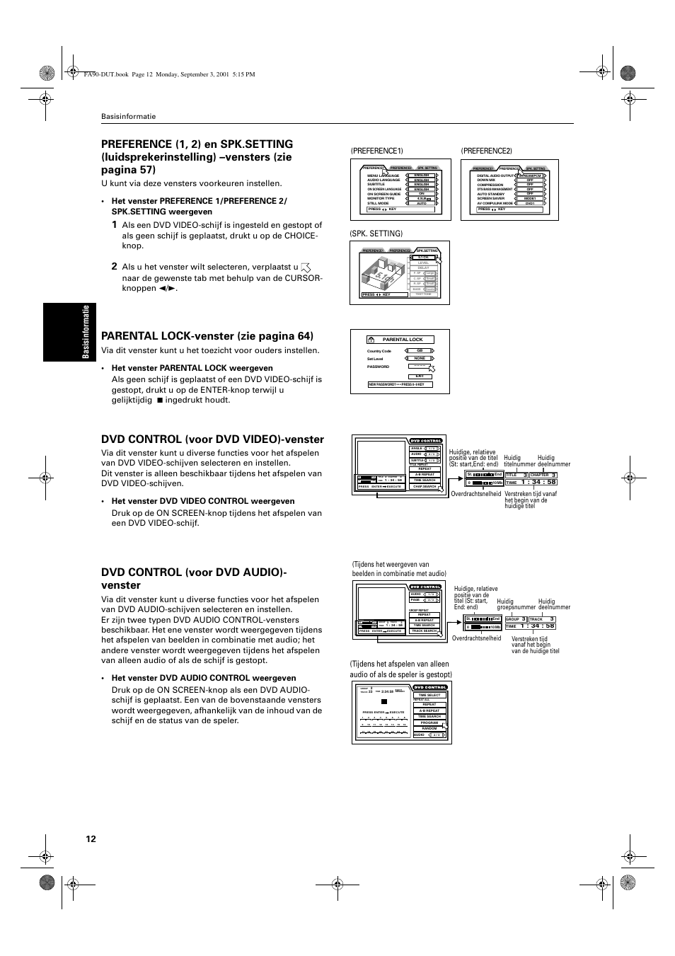 Parental lock-venster (zie pagina 64), Dvd control (voor dvd video)-venster, Dvd control (voor dvd audio)- venster | Ba si si nf o rm a ti e, Preference1 ), Preference2 ), Spk. setting), Basisinformatie | JVC XV-FA90BK User Manual | Page 14 / 40