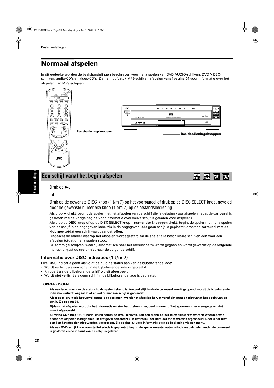 Normaal afspelen, Een schijf vanaf het begin afspelen, Informatie over disc-indicaties (1 t/m 7) | Bas is h ande lin ge n, Opmerkingen, Basisbedieningsknoppen, Basishandelingen | JVC XV-FA90BK User Manual | Page 30 / 40