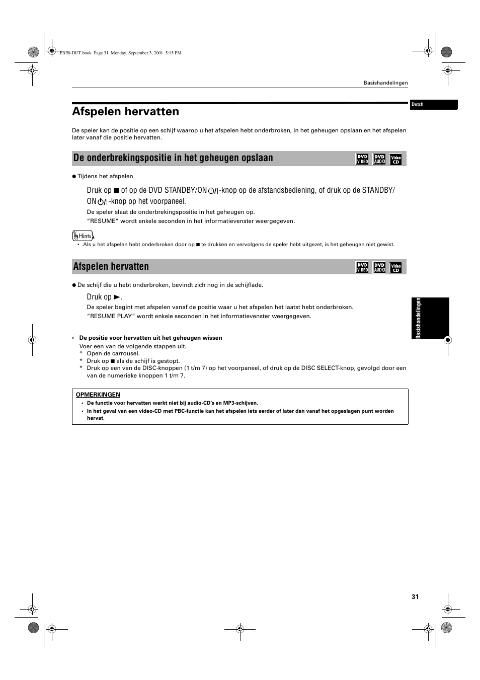 Afspelen hervatten | JVC XV-FA90BK User Manual | Page 33 / 40