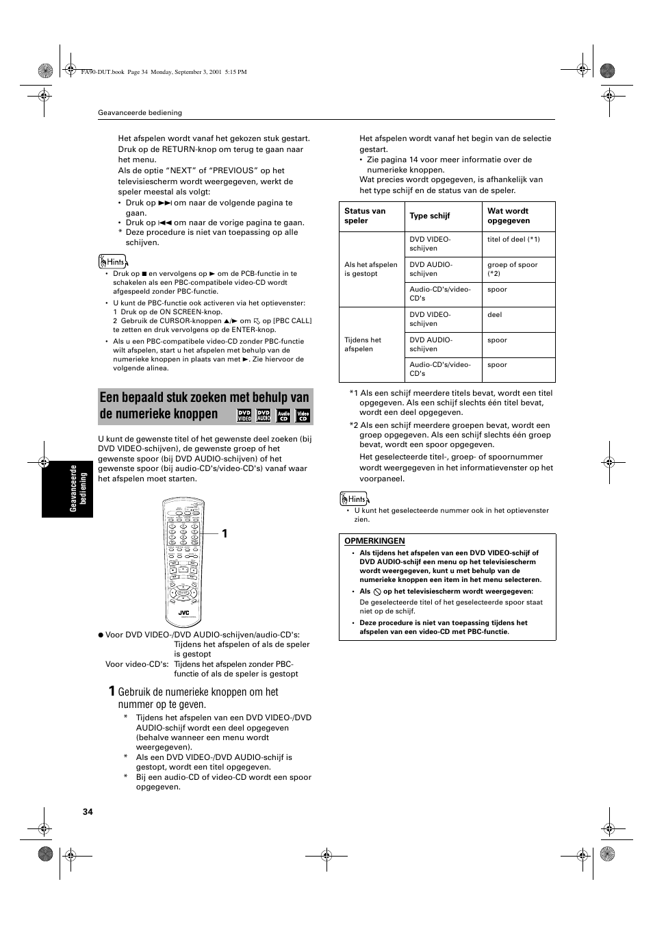 S.freq, Status van speler type schijf wat wordt opgegeven, Opmerkingen | JVC XV-FA90BK User Manual | Page 36 / 40