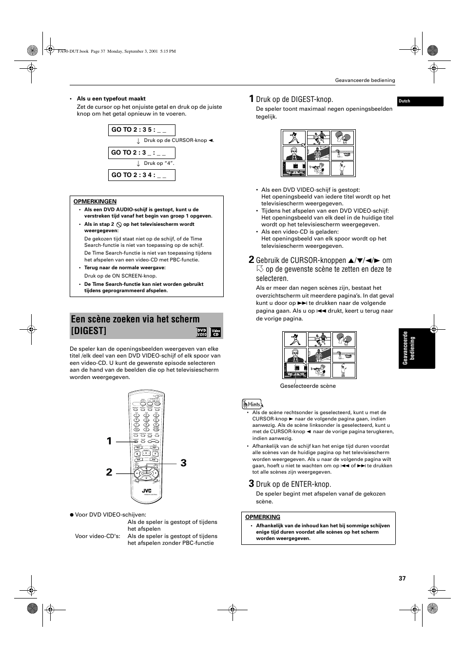 Een scène zoeken via het scherm [digest, Druk op de digest-knop, Druk op de enter-knop | Ge a van ce er de be di en in g, Opmerking, Geselecteerde scène | JVC XV-FA90BK User Manual | Page 39 / 40