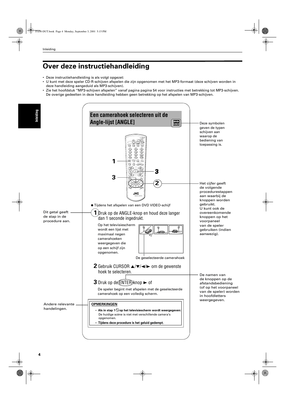 Over deze instructiehandleiding, Druk op de enter-knop 3 of, Tijdens deze procedure is het geluid gedempt | Tijdens het afspelen van een dvd video-schijf, Inleiding | JVC XV-FA90BK User Manual | Page 6 / 40