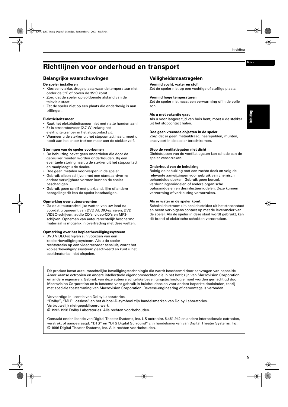 Richtlijnen voor onderhoud en transport, Belangrijke waarschuwingen, Veiligheidsmaatregelen | JVC XV-FA90BK User Manual | Page 7 / 40