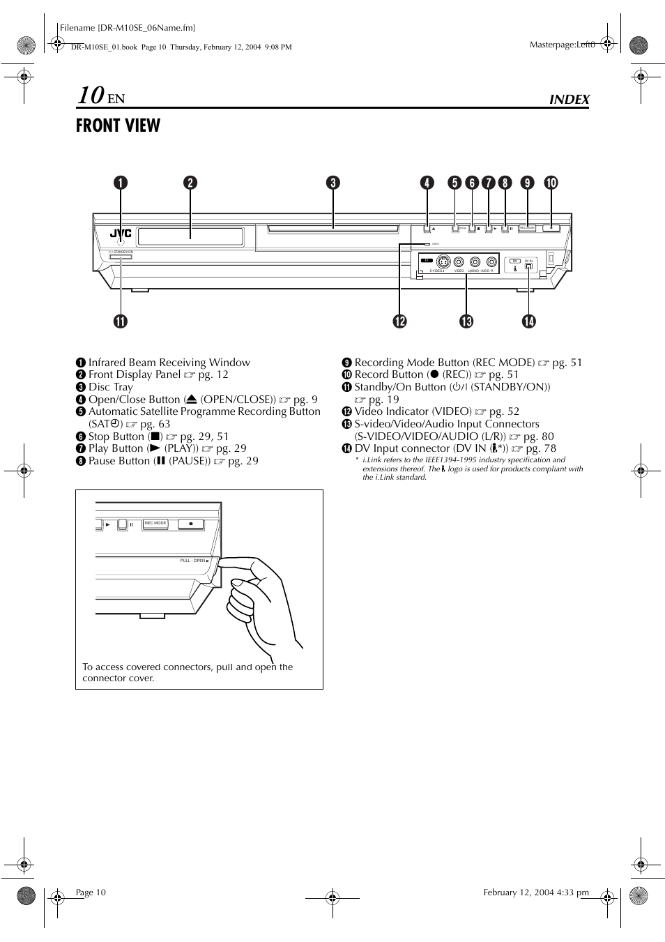 Index, Front view, Index 10 | JVC DR-M10S User Manual | Page 10 / 116
