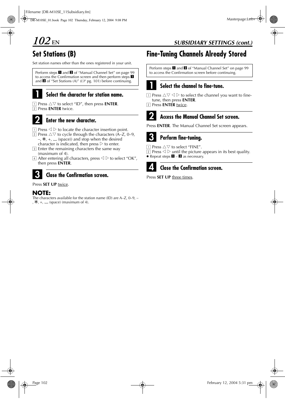 Set stations (b), Fine-tuning channels already stored, Pg. 102, “set | Stations (b)”), 102 for th, Fine- tuning channels already stored, Pg. 102) | JVC DR-M10S User Manual | Page 102 / 116