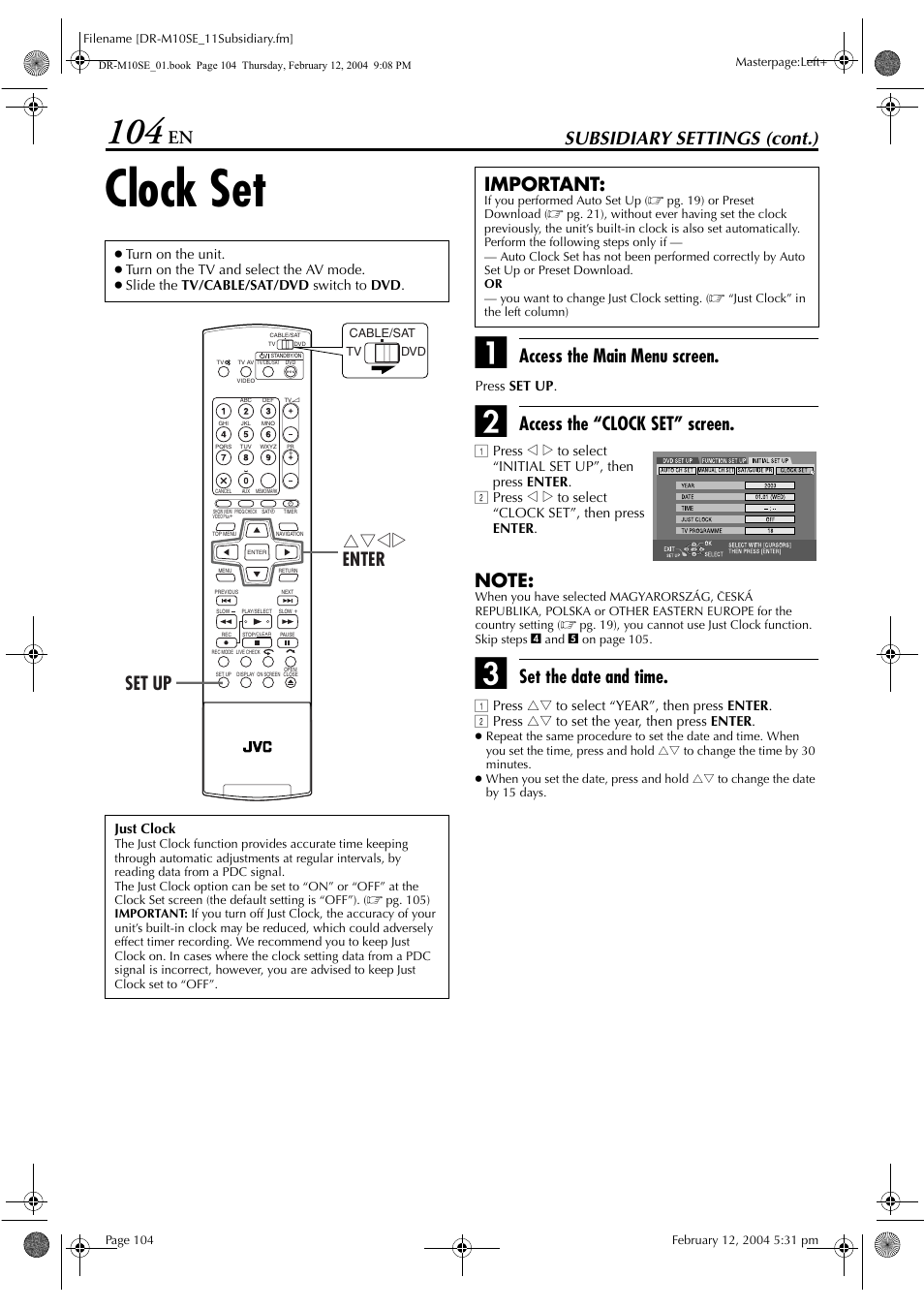 Clock set, Manually, Pg. 104, “clock | Set”), Pg. 104), Pg. 104, “just, Clock”), Pg. 104) does not w, Med2” or “off” is selected, Subsidiary settings (cont.) | JVC DR-M10S User Manual | Page 104 / 116